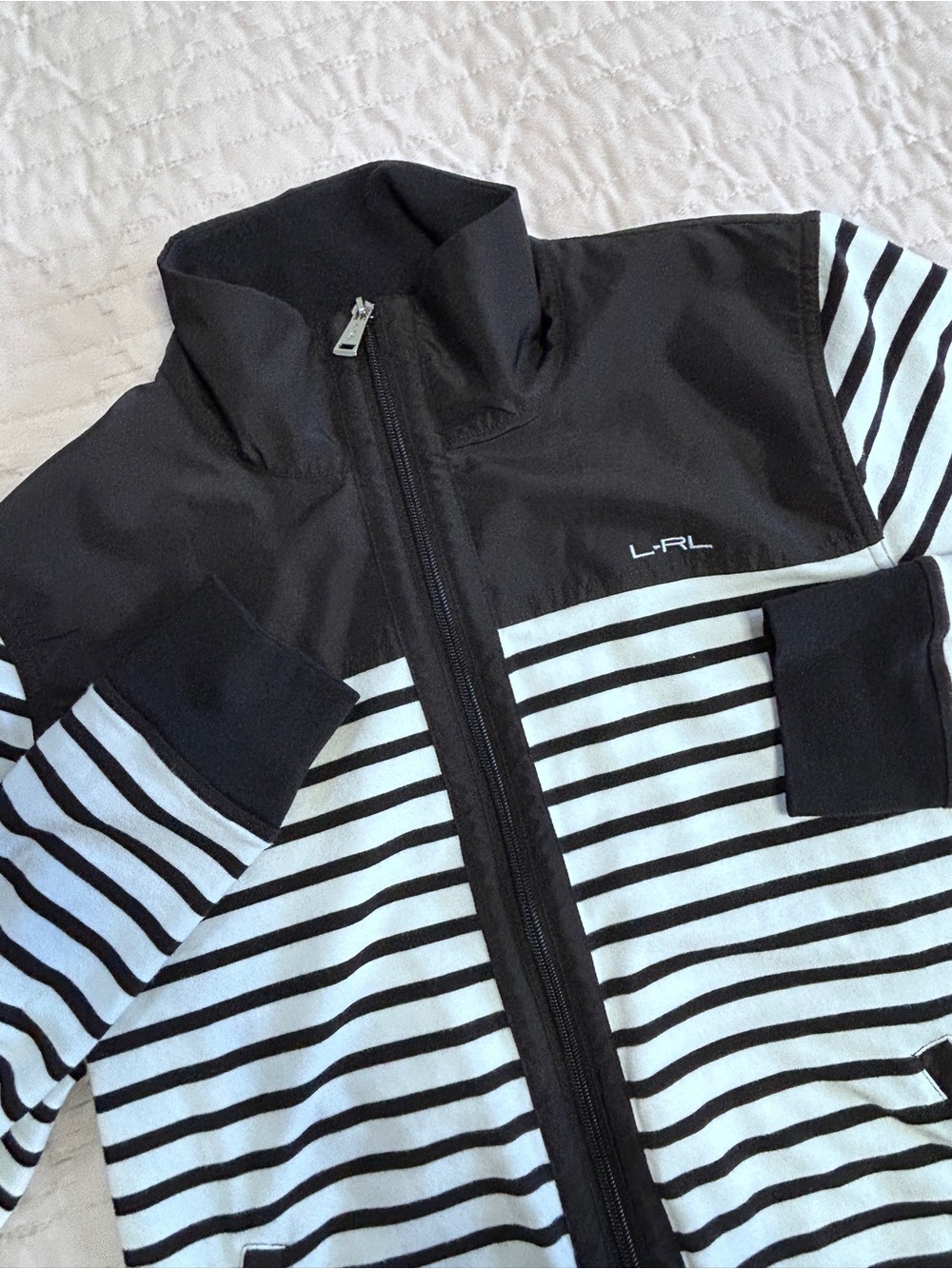 Lauren Ralph Lauren Women’s Large Black & White Striped Zip-Up Jacket layering